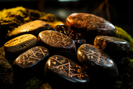Detail-focused photo of engraved rune stones for ancient divinationの素材