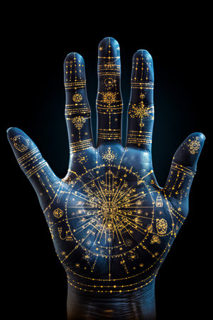 Close-up of human palm with astrological symbols and lines highlightedの素材