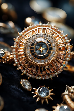 Macro shot of celestial-inspired jewelry with zodiac symbols and crystalsの素材