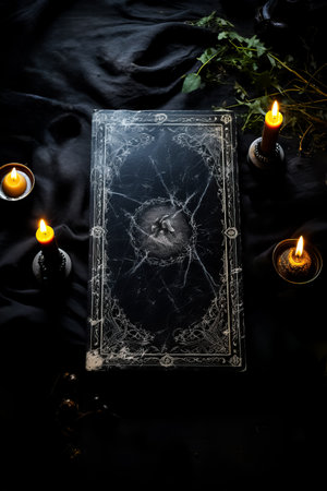 Mysterious tarot card spread on dark surface background with empty space for textの素材