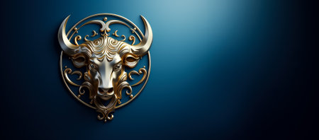 Golden Taurus symbol embossed isolated on a gradient celestial blue backgroundの素材