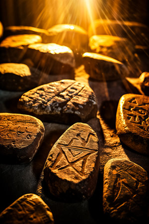 Close-up of ancient rune stones casting shadows under soft lightingの素材