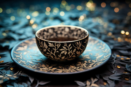Tea cup bottom revealing intricate leaf patterns for fortune tellingの素材