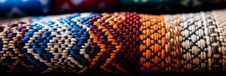 Close-up captures of traditional cross-stitch patterns on rustic textile backgroundsの素材