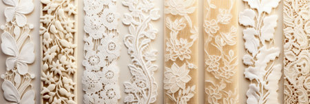 Delicate vintage lace patterns intricately woven on cream-colored textile backgroundsの素材