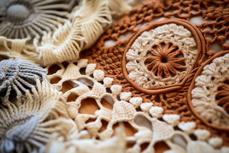 Detailed images presenting handmade macrame and crochet patterns on soft textilesの素材