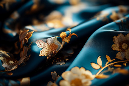 Macro shots revealing elegant brocade patterns on luxurious silk textilesの素材