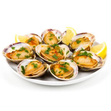Tasty baked clams with garlic and herbs finely isolated on whiteの素材
