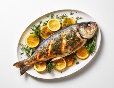 Lemon-stuffed baked sea bass artfully isolated against a stark white backgroundの素材