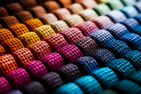 Macro images of cross-stitch patterns imprinted on multi-colored textile backgroundsの素材