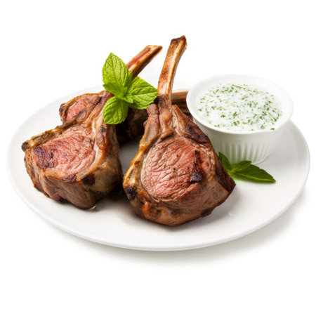 Savory roasted lamb rack with fresh mint sauce strikingly isolated on whiteの素材