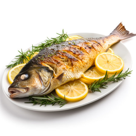 Whole sea bass baked with lemon tastefully isolated on a white backgroundの素材