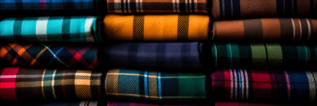 Assortment of tartan plaid patterns in varied color palettes displayed up-closeの素材