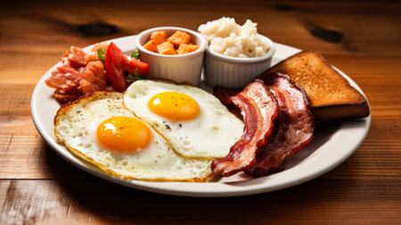 Classic American breakfast on rustic wooden table isolated on a white backgroundの素材