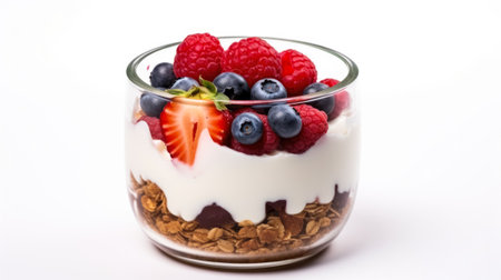 Granola Greek yogurt fresh fruits in a jar isolated on a white backgroundの素材