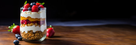 Granola Greek yogurt and fresh fruits layered beautifully in a glass jarの素材