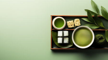 Freshly brewed matcha latte and Japanese breakfast bento background with empty space for textの素材