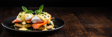 Gourmet eggs benedict with salmon on rustic table background with empty space for textの素材