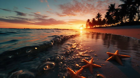 Starfish scatter on sandy seabed; split-view reveals island with beach and palms kissed by a sunsetの素材