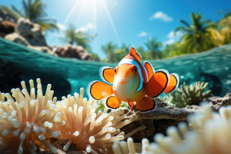Clownfish dancing among anemone tropical island with beach and palms split-view background with empty space for textの素材