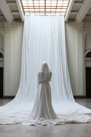 White flag artistically draped in modern art galleries invoking introspectionの素材