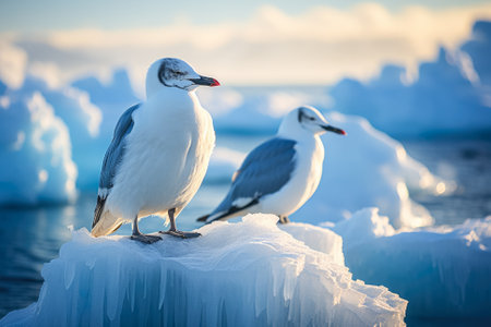 Seabirds elegantly perched on frosty Antarctic icebergs amidst tranquil oceanic expansesの素材