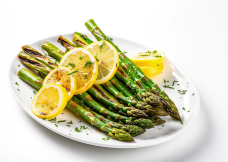 Freshly grilled asparagus spears with lemon slices isolated on a white backgroundの素材
