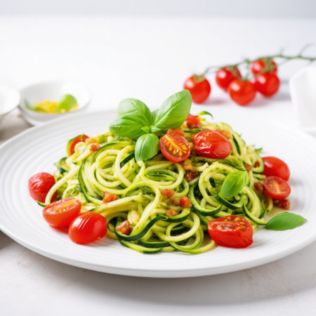 Zucchini spaghetti garnished with cherry tomatoes and basil on white backgroundの素材