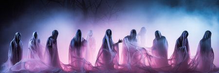 Scary outdoor Halloween lighting featuring ghost figures isolated on a gradient backgroundの素材