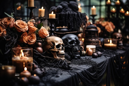 Mysterious Halloween table setup with creepy decorations and candlelightの素材