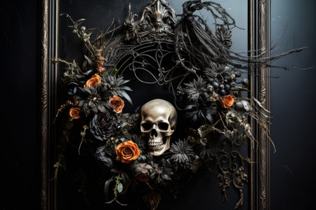Gothic-inspired Halloween wreath hanging exuding an eerie charming and festive vibeの素材