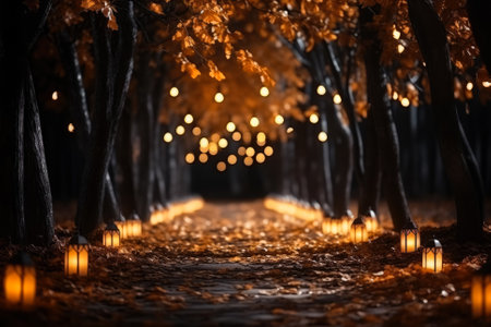 Glowing Halloween pathway lights eerie outdoor scene background with empty space for textの素材