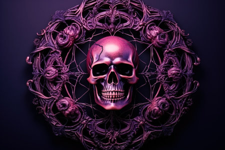 A Gothic skull Halloween wreath dripped in faux spider webs isolated on a gradient backgroundの素材