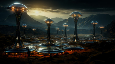 Solar power towers stoic guardians harnessing sunlight in a stark desert landscapeの素材