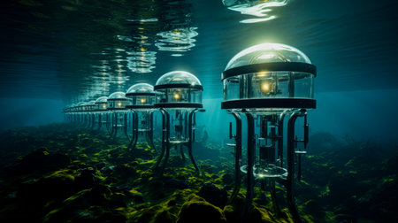 Underwater turbines utilizing tidal currents for renewable energy generation along coastlinesの素材