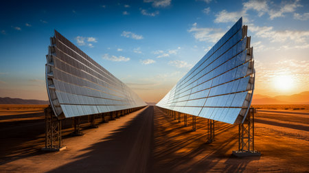 Solar power towers stoic guardians harnessing sunlight in a stark desert landscapeの素材
