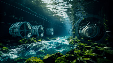 Underwater turbines utilizing tidal currents for renewable energy generation along coastlinesの素材
