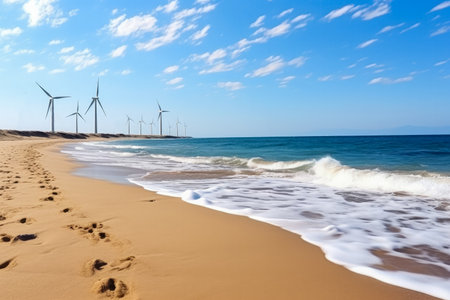 Beach panorama with wind turbines background with empty space for textの素材