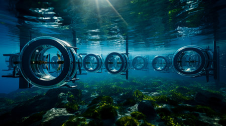 Underwater turbines utilizing tidal currents for renewable energy generation along coastlinesの素材
