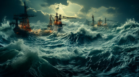 Offshore oil rigs standing bold amidst the waves drilling deep for petroleumの素材