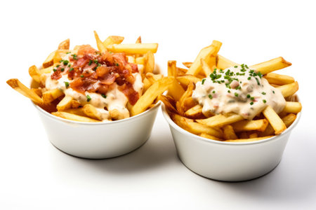 French fries with tartar sauce and mayonnaise on white backgroundの素材
