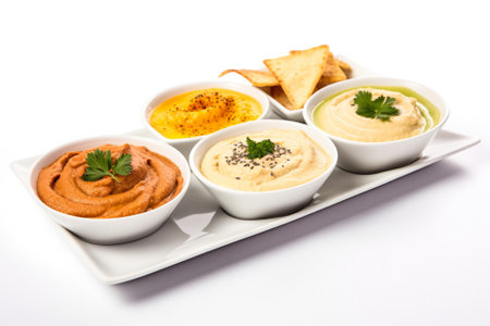 Presentation of various kinds of gourmet hummus with pita chips isolated on white backgroundの素材
