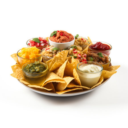 Display of multiple kinds of gourmet nachos with various beer-cheese dipping sauces isolated on white backgroundの素材