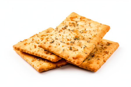 Crackers with herbs on a white background. Shallow dof.の素材