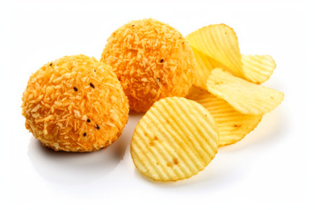 Cheese balls with potato chips isolated on a white background. Close-up.の素材