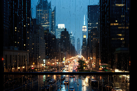 Silhouetted cityscape reflections captured in raindrop-speckled window post-deluge calm