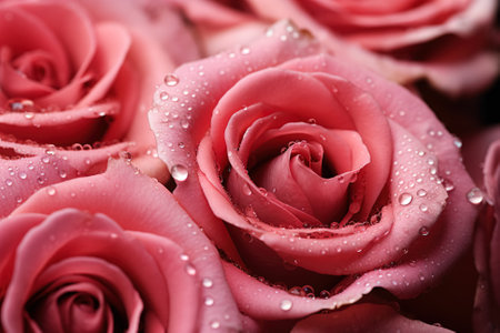 Intimate view of dewdrops highlighting rosy hue on rose petal canvasの素材