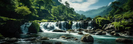 Majestic waterfalls cascading amidst verdant forest an embodiment of natural serenityの素材