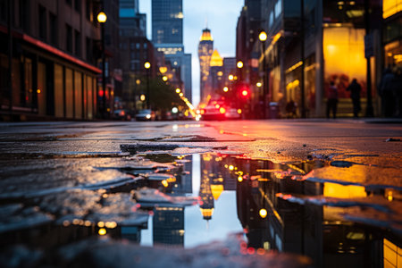 Cityscape mirrored in puddle displaying vibrant hues after a stormy rainの素材