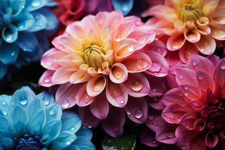 Colorful dahlia flowers with water drops on petals.の素材
